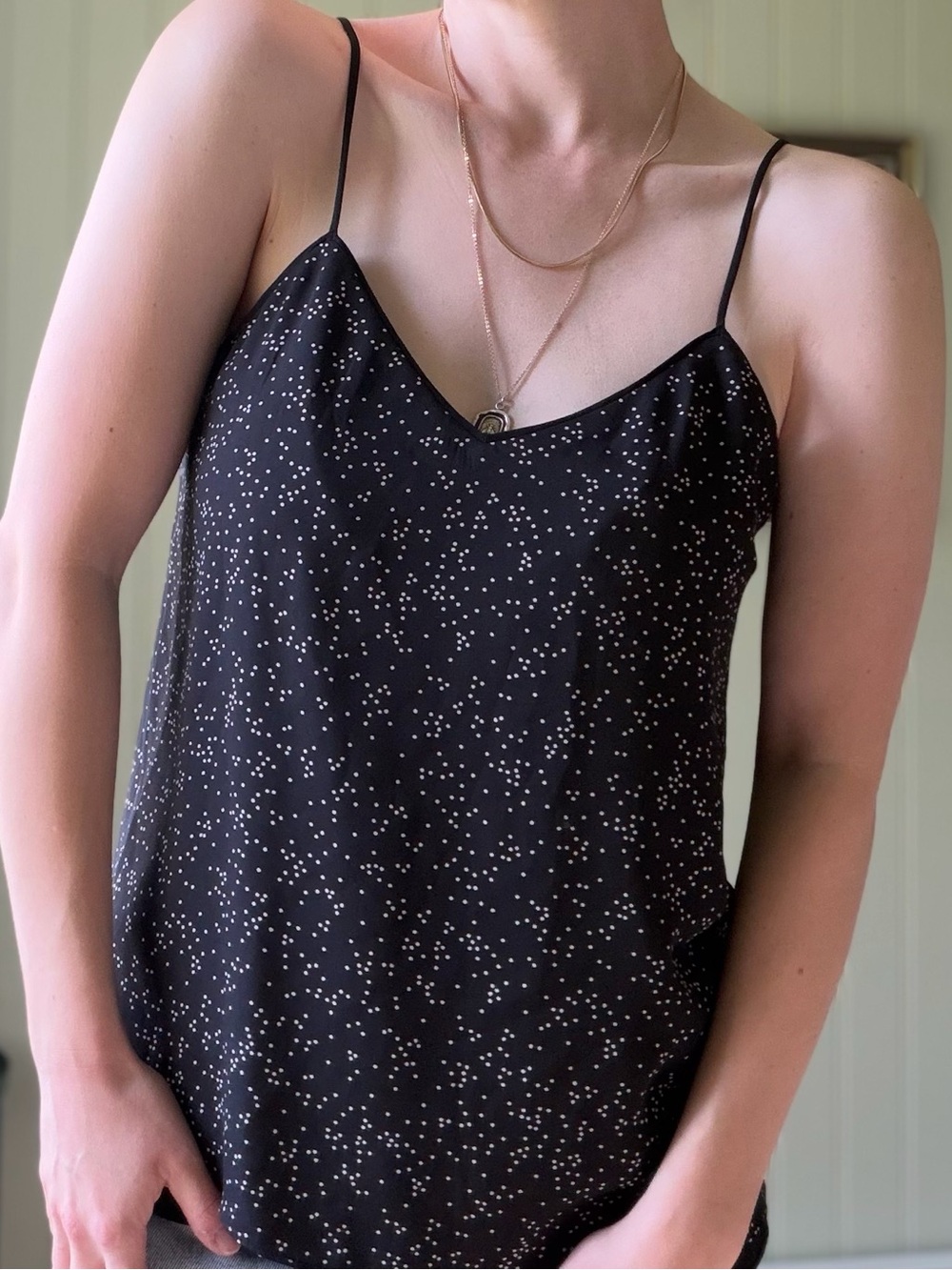 Black White Speckled Polka Dot V-Neck Cami Tank Top Business Casual RW&CO Medium